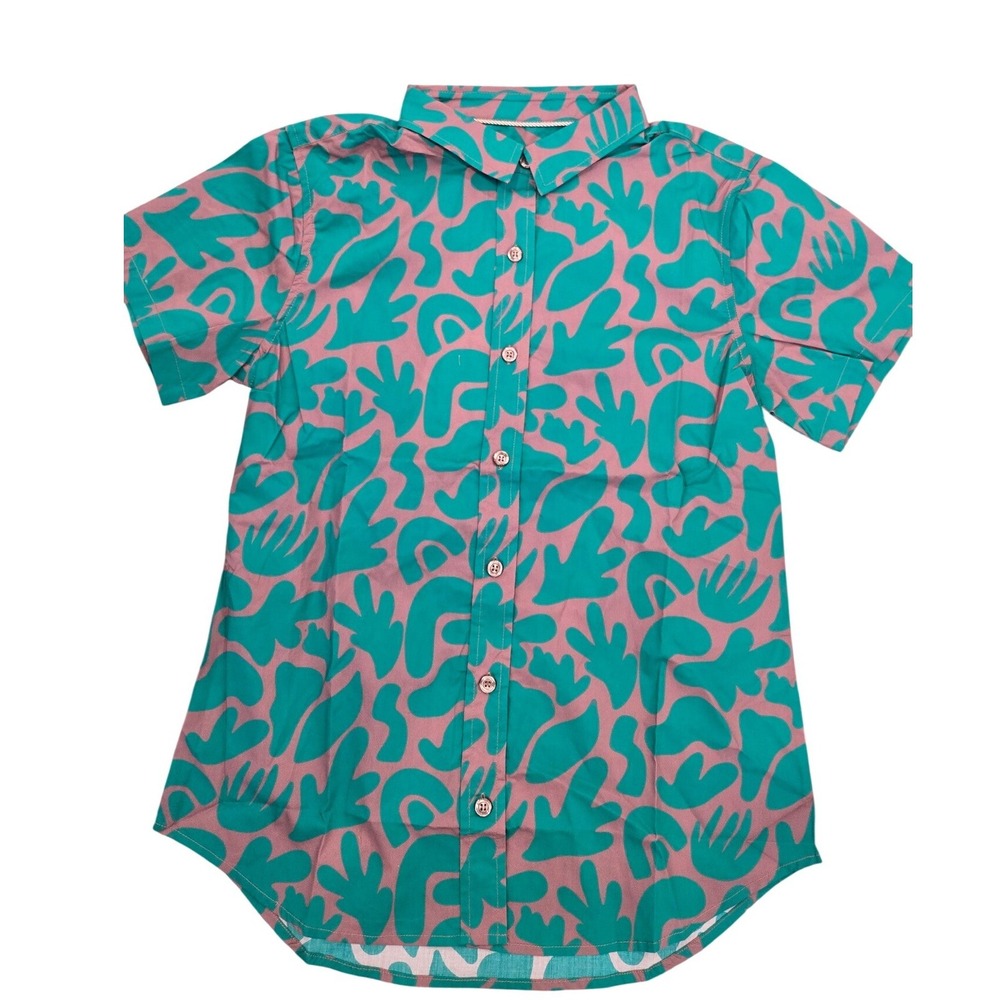 Wildfang Abstract Print Short Sleeve Button Up Shirt Teal Mauve Small NEW